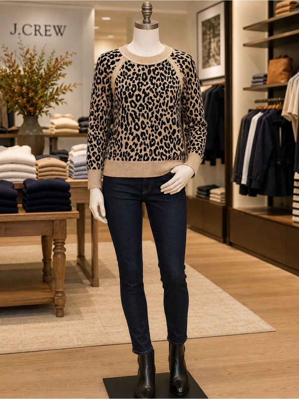 J. Crew Leopard Print Merino Wool Blend Sweater XS Tan Black Animal Pullover